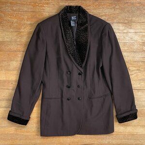 Vintage Leopard Trim Blazer Size Small 90s Double Breasted Crepe Velvet Jacket